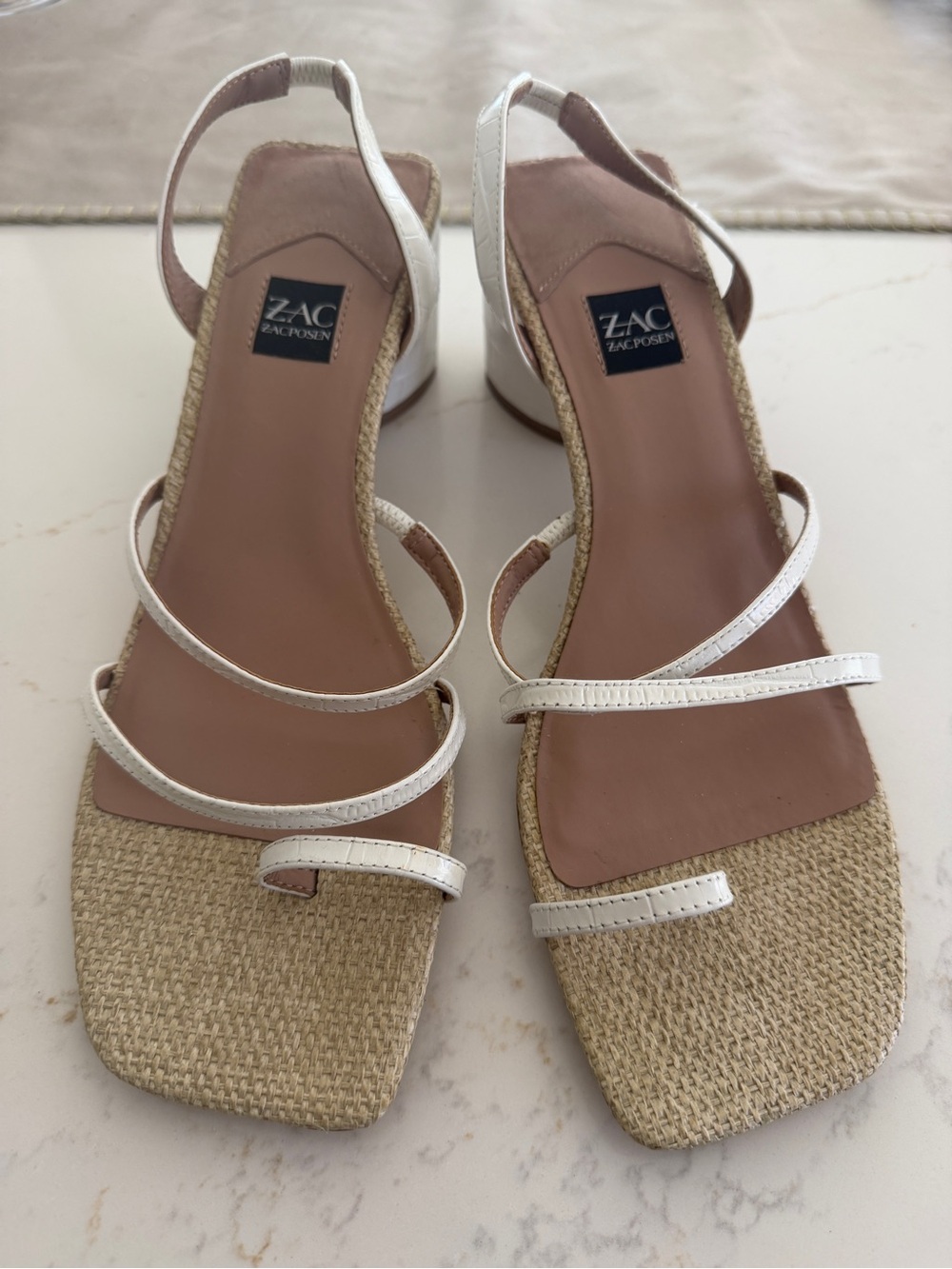NWOT ZAC Zac Posen White Strappy Raffia Woven Square-Toe Slingback Sandals
